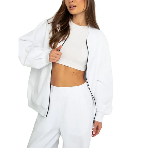 Women'S 2 Piece Outfits Oversized Casual Zip Up Long Sleeve Sweatshirt with Wide Leg Sweatpants White L