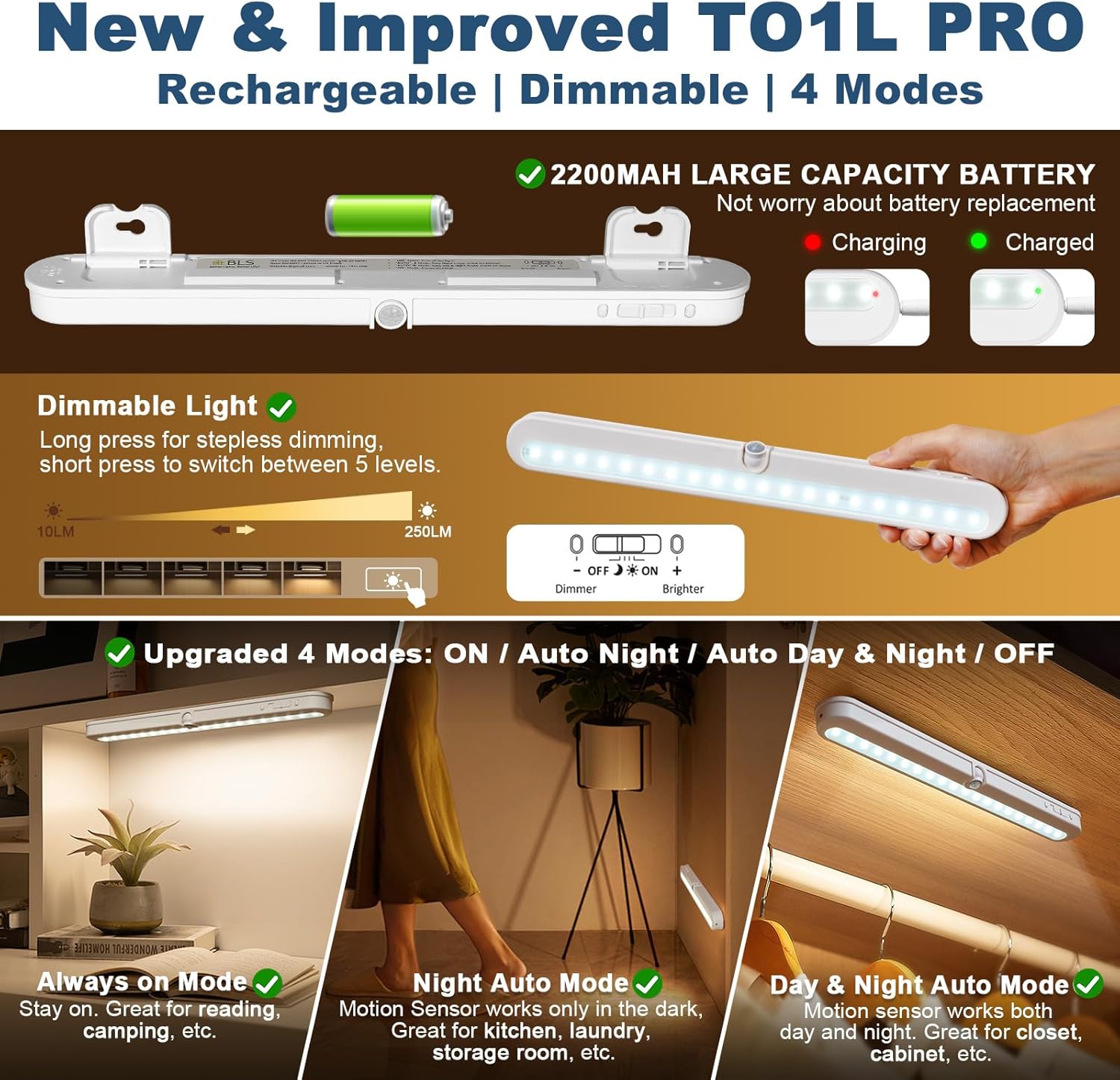 Under Cabinet Lighting, 2200mah Rechargeable Closet Lights Motion Sensored, Battery Powered/DC Cable Plug in LED Light, 14 inch, 6000K Cool White, Dimmable, Under Counter Lights for Kitchen