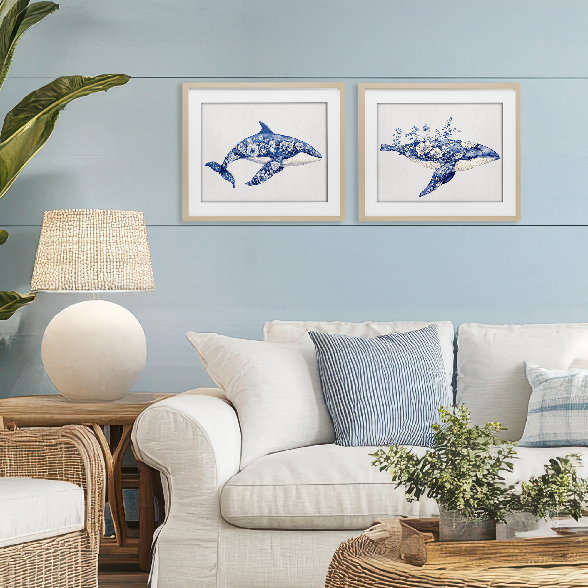 Blooming Toile Pattern Whales 2 Piece Birch Framed Print Under Glass Set, design by Lettered and Lined