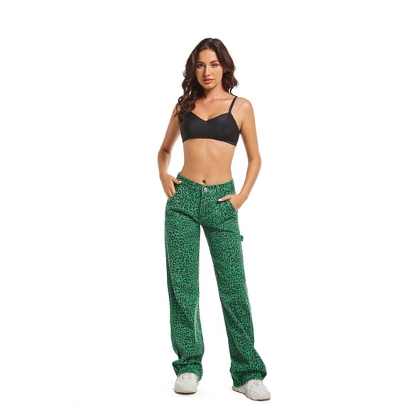 Women's Leopard Cargo Pants Low Waisted Straight Leg Y2K Baggy Trousers with Pockets Trendy Pull on Jeans Wide Leg Trousers Jeans Green