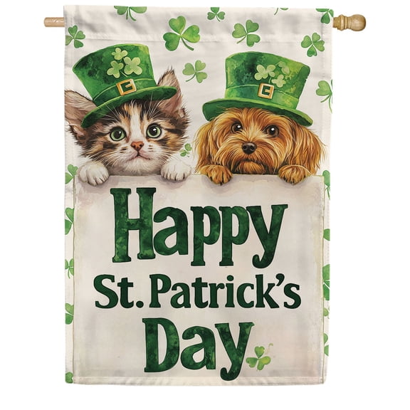America Forever Happy St Patrick's Day House Flag Double Sided, 28 x 40 inch Cat Dog Leprechaun Hats Flag, Irish Pets Shamrock Design, St Patricks Day Animals Yard Flag