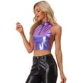 thumbnail image 1 of Top corto metálico para mujer Cuello falso Cremallera frontal Sin mangas Holográfico Sparkle Party Azul Púrpura XL, 1 of 6