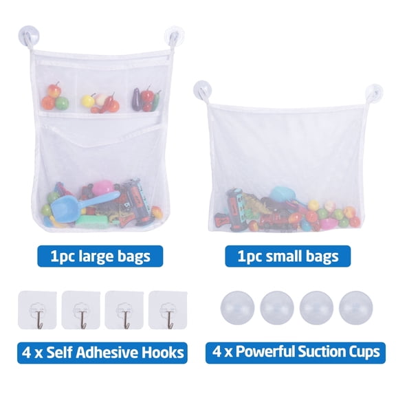 UNIWELL 2-Pack Bath Toy Organizer Storage Mesh Hanging Bath Toy Holder with Adhesive Hooks & Suction Cups, Mesh Net Shower Caddy for Bathtub Toys White