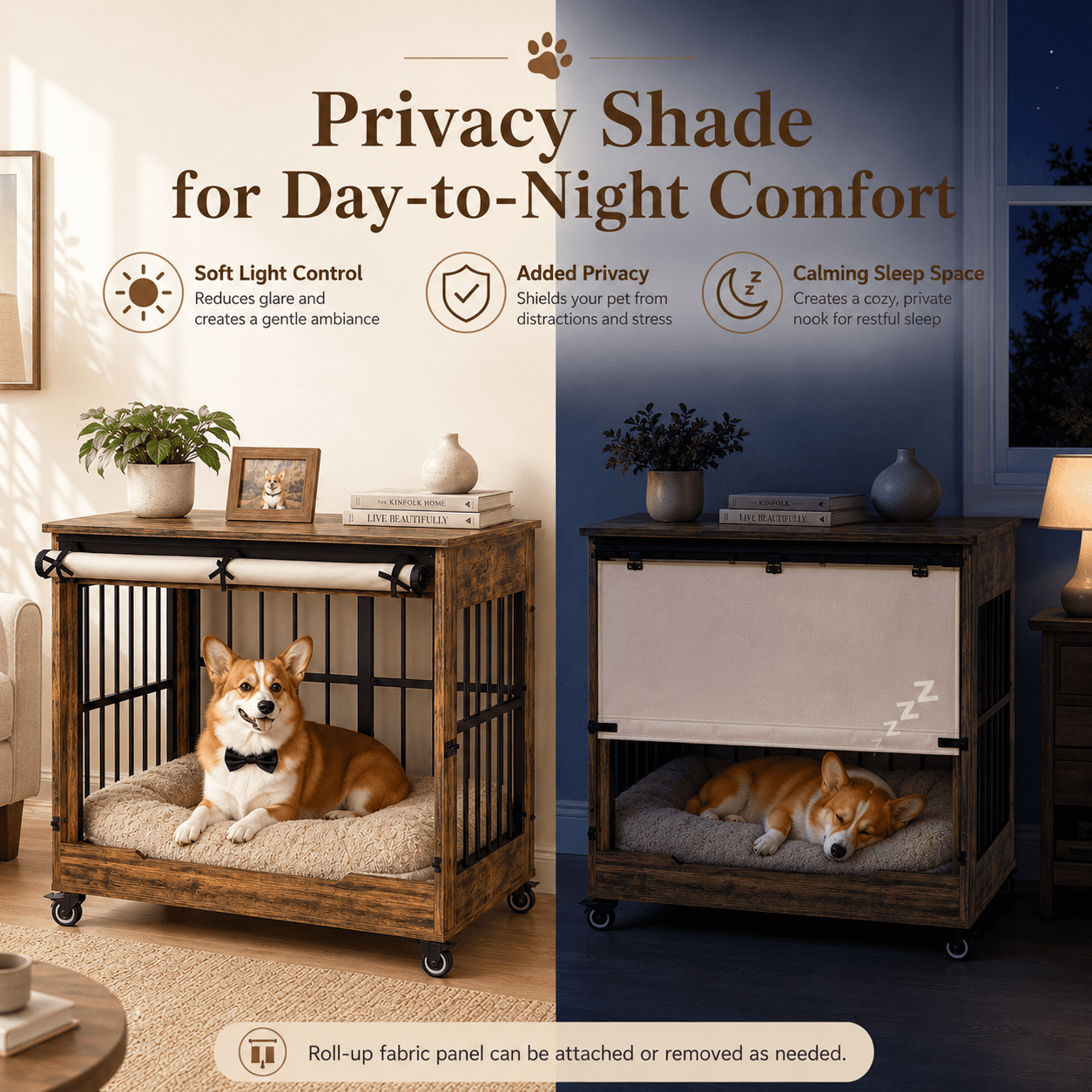 Aukfa 32.5-Inch Large Dog Crate Furniture, Indoor Dog Kennel Decorative Pet Cage End Table, Lift-Up Door, Curtain & Wheels,Rustic Brown