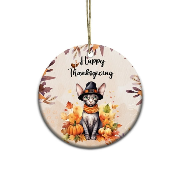 Happy Thanksgiving Sphynx Welcome Thankful Fall Autumn Pumpkin Ceramic Round Ornament Cat Lover Kitten Owner Gifts Idea Home Tree Decor - 02021