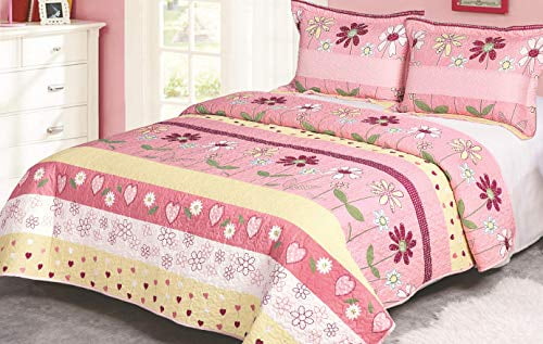 MB Collection Pink Yellow Floral Striped White Flower and Yellow Flower 3 Piece Kids Bedspread Quilts Set Throw Blanket for Teens Girls Bed Printed Bedding Coverlet # Full Size 16-02 Red Flower 