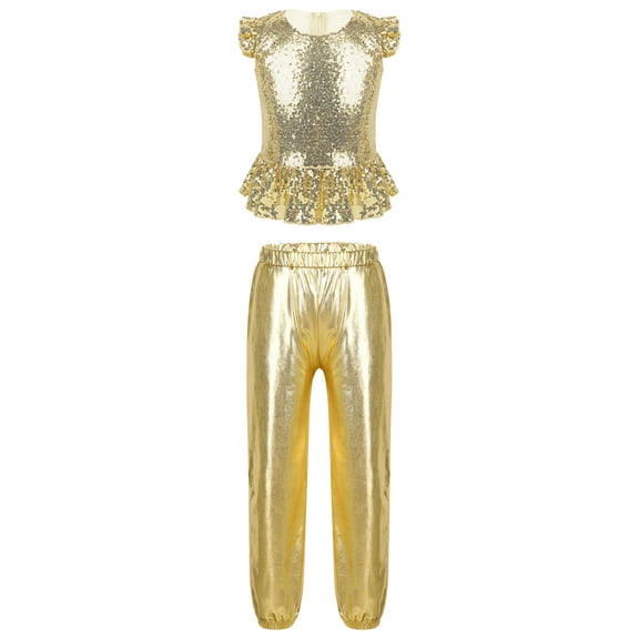 inhzoy Kids Girls Shiny Sequins Jazz Hip Hop Dance Costumes Set Stage Performance Ruffled Sleeve Crop Top with Pants Gold 14