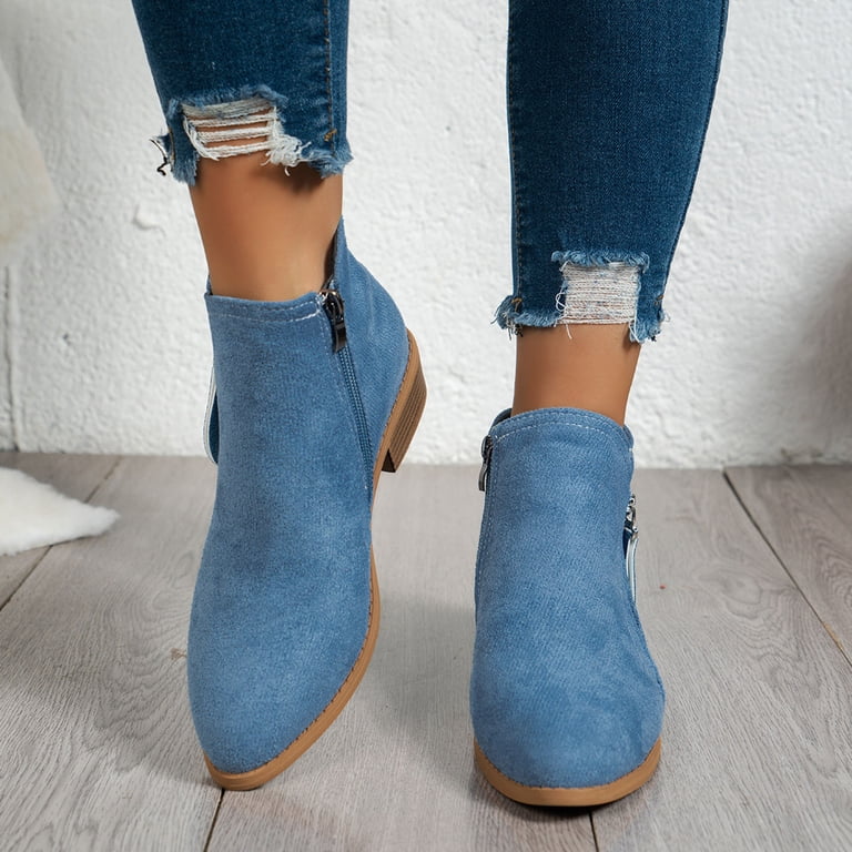 SEROYE Womens Ankle Boots Low Heeled Womens Dress Boots Low Heel Pointed Toe Ankle Booties Side Zipper Shoes (Light Blue,42), Women's