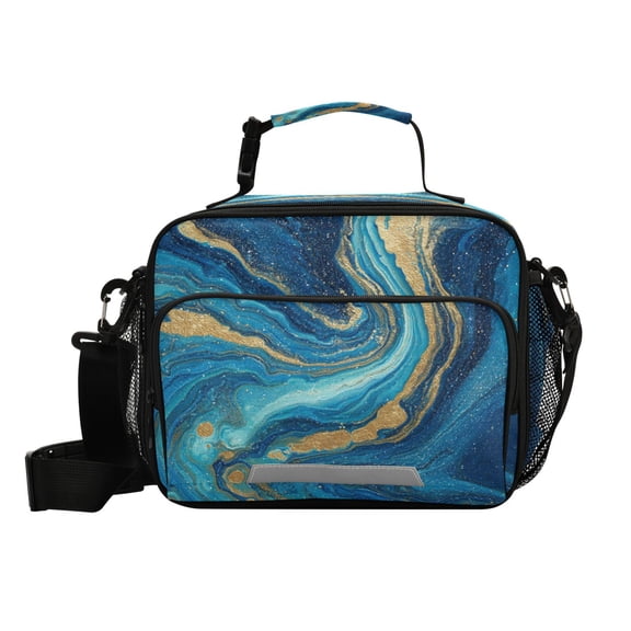 Insulated Lunch Bag 6L Leak-Proof Lunch Box with Shoulder Strap Multiple Pockets Lunch Tote Blue and Gold Ocean
