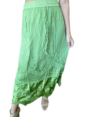 Mogul Women Maxi Boho Skirt, Green Embroidered Gypsy chic Skirt, Flared Summer Bohemian Skirts M