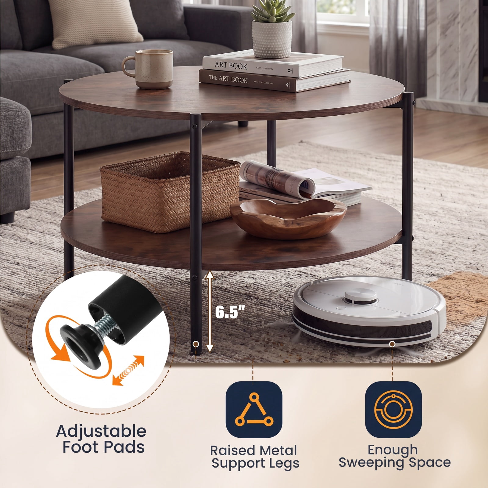 Furnibear Round Industrial Coffee Table 2 Tier Accent Table with Open Storage Shelf for Living Room Rustic Farmhouse, Rustic Brown