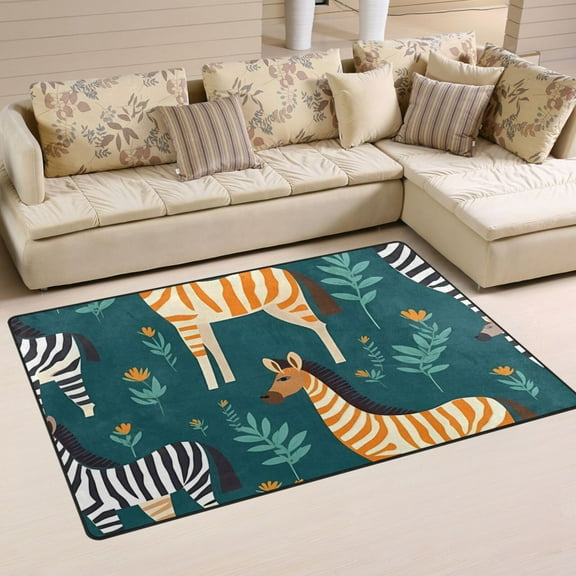 Zebra in Leaves Area Rug Washable Floor Carpet Mat 60 x 39 inch for Bedroom Living Room Kids Room Home Decor