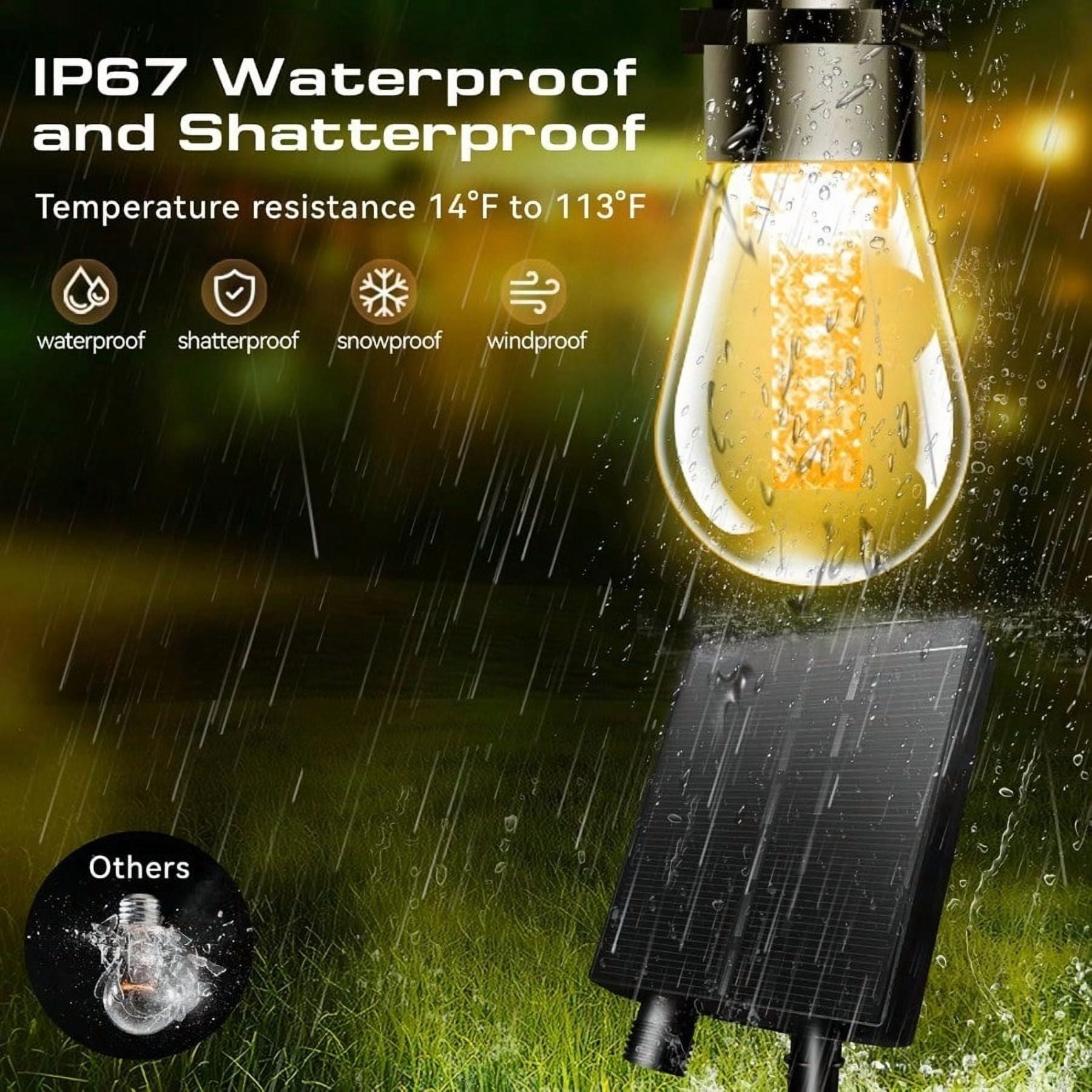 Solar Lights Outdoor Waterproof IP67with 15 LED Shatterproof Edison Bulbs,2500mAh Battery Solar/USB Powered,Indoor/Outside LED String Lights 34FT,Warm White 3000K LED Light Decor Patio Garden Camping