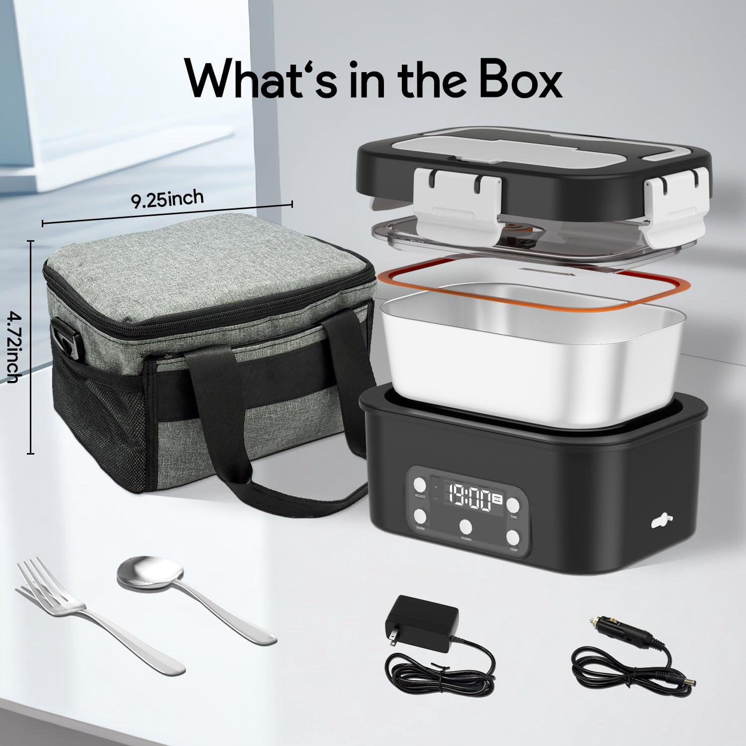 Cordless Electric Lunch Box, Smart Timer Auto Heating Leakproof Bento Food Warmer with 6.7 Cup for Work, Car, Home, Outdoor (Black)