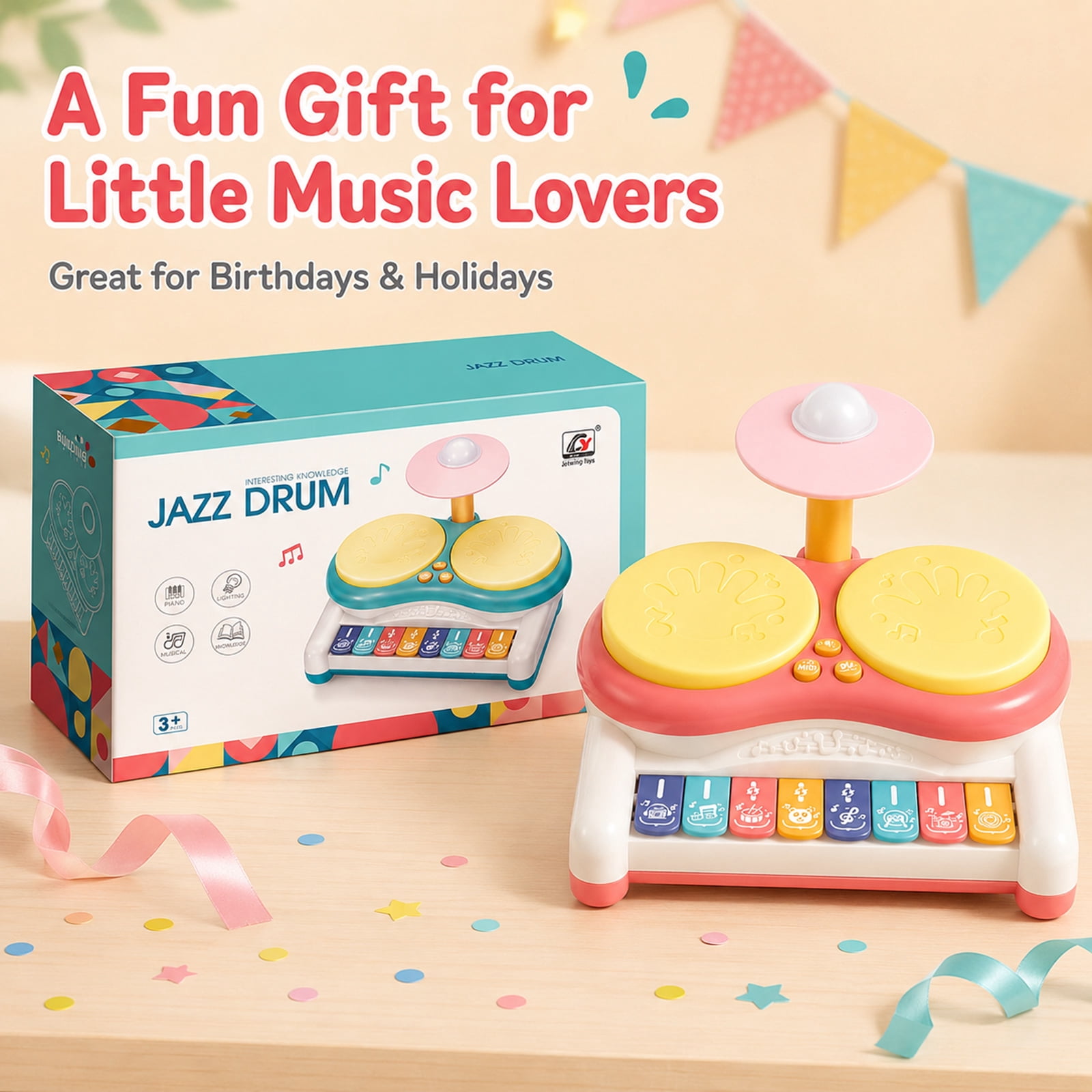 Musical Drum and Piano Toy for Toddlers, Light-Up Dual Drum Set with 8-Key Keyboard, Early Learning Rhythm Toy, Pink