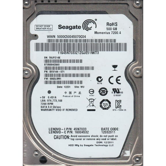ST9500420AS, 5VJ, WU, PN 9HV144-071, FW 0003LVM1, Seagate 500GB SATA 2.5 Hard Drive