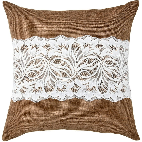 Violet Linen Eden Vintage Rustic Burlap Hessian Lace Pattern, Polyester Embroidered Lace, Brown, 18 Inch x 18 Inch, Decorative Throw Pillow