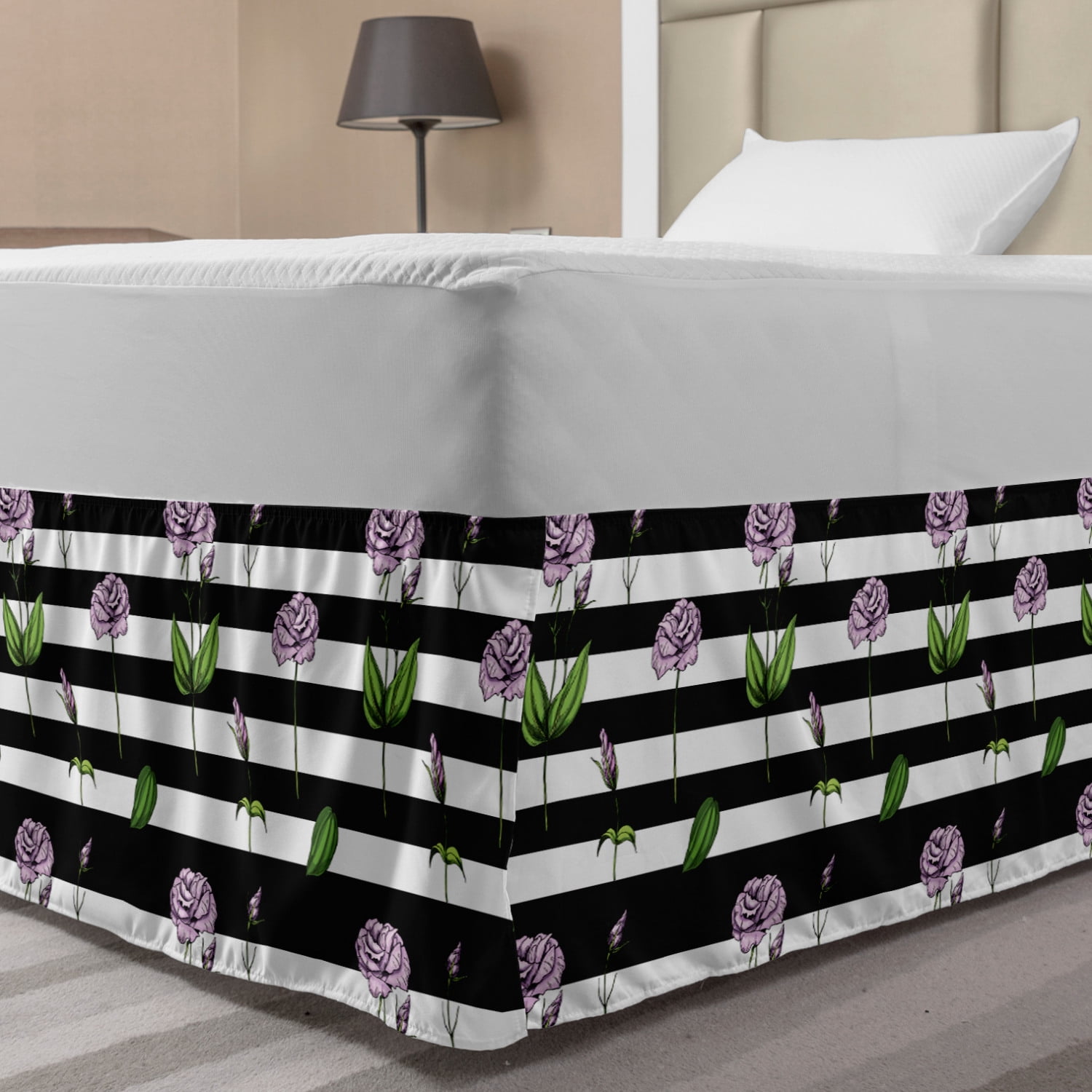 Rose Bed Skirt, Pink Rose Flowers on Contemporary Design Black and