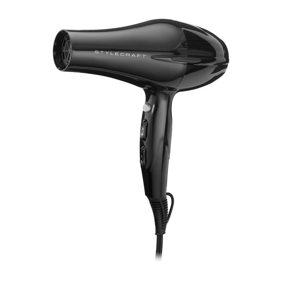 StyleCraft Stay-Temp 1875W Ionic Hair Dryer with Diffuser and Concentrator Nozzle, Black