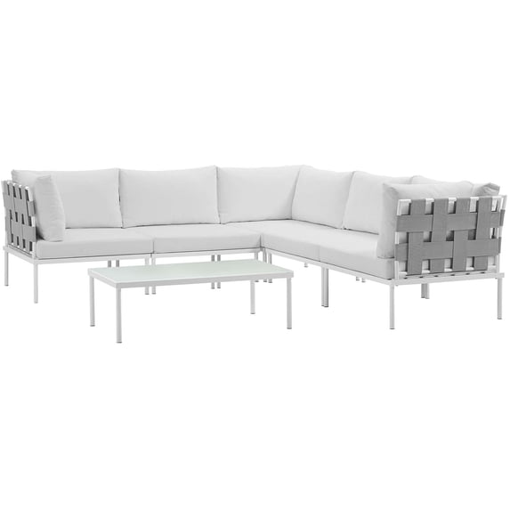 Modern Contemporary Urban Design Outdoor Patio Balcony Six PCS Sectional Sofa Set, White, Rattan