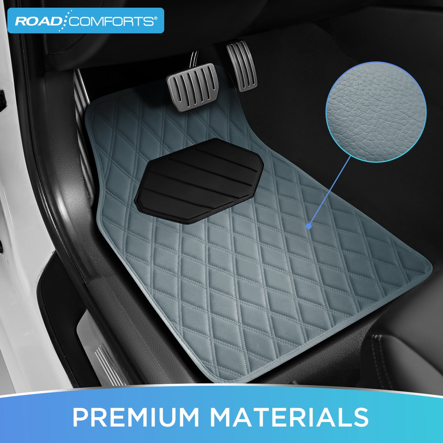 Road Comforts 4PC Leather Quilted Car Floor Mats, Stylish, Durable, Waterproof, Non-Slip, Full Coverage for Cars and SUVs Gray