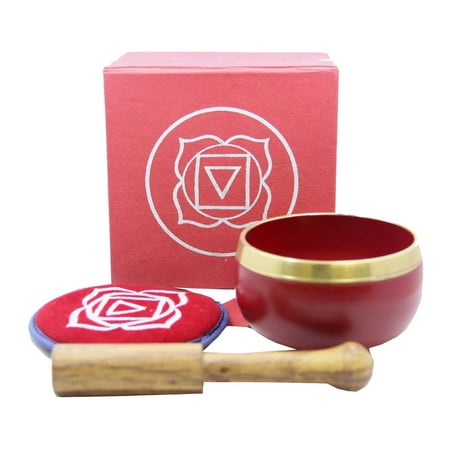 DharmaObjects Tibetan Palm Size Root Chakra Premium Singing Bowl Gift Set