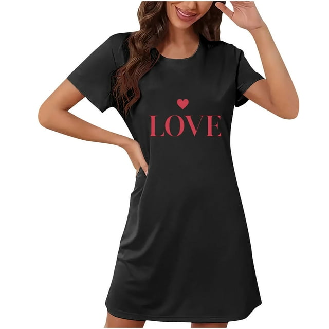 Amzcrzy Pyjamas pour Femmes Cadeaux de la Saint-Valentin pour Femmes Robe de Nuit Décontractée à Manches Courtes et Col Rond Mode avec Cœur Graphique