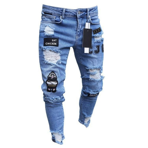 Pantalones vaqueros elásticos rasgados ajustados con bordado de motorista para hombre Tan Jianjun unisex