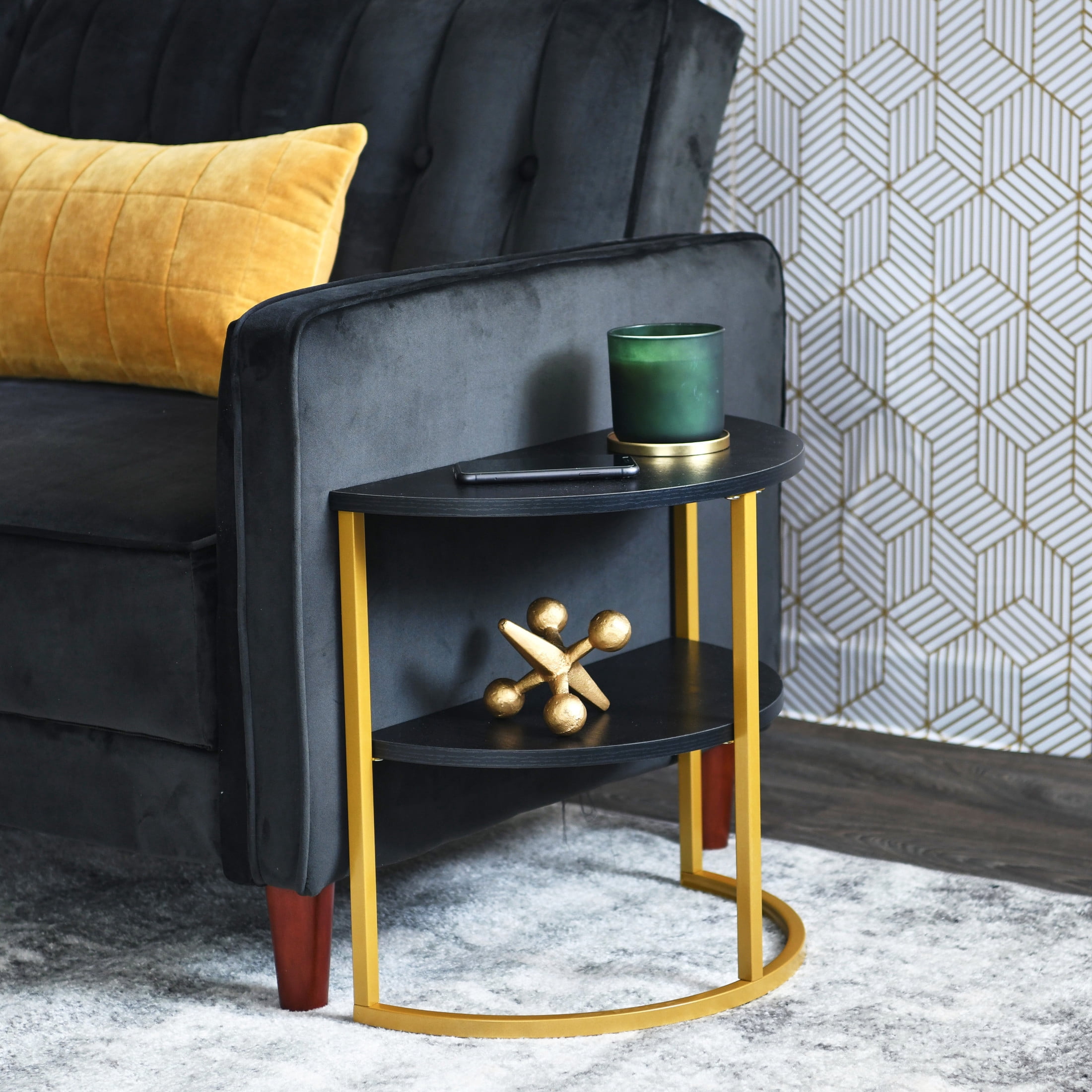 Household Essentials Half Moon Side End Table with Storage Shelf Black Oak Wood Grain and Gold Metal