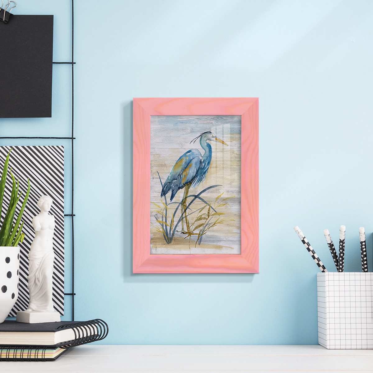 Blue Heron I -Framed Print w/glass-Sunset Pink