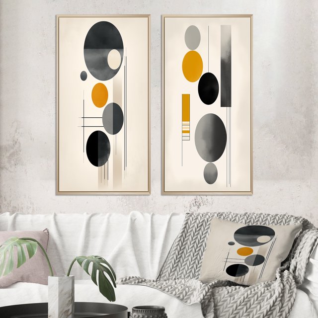 Designart "Simple Circles Geometric Minimalism IX" Modern Geometric Framed Wall Art Set Of 2 - Modern Yellow Frame Gallery Set For Office Decor