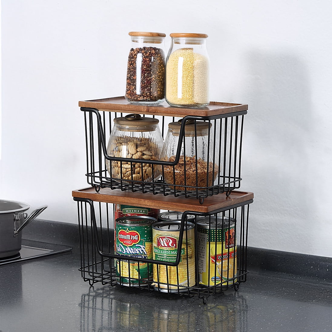 SunnyPoint 2-Pack Stackable Wire Storage Baskets with Acacia Wood Top – Kitchen, Pantry & Laundry Room Organizers (Acacia Wood Top with Black wires)