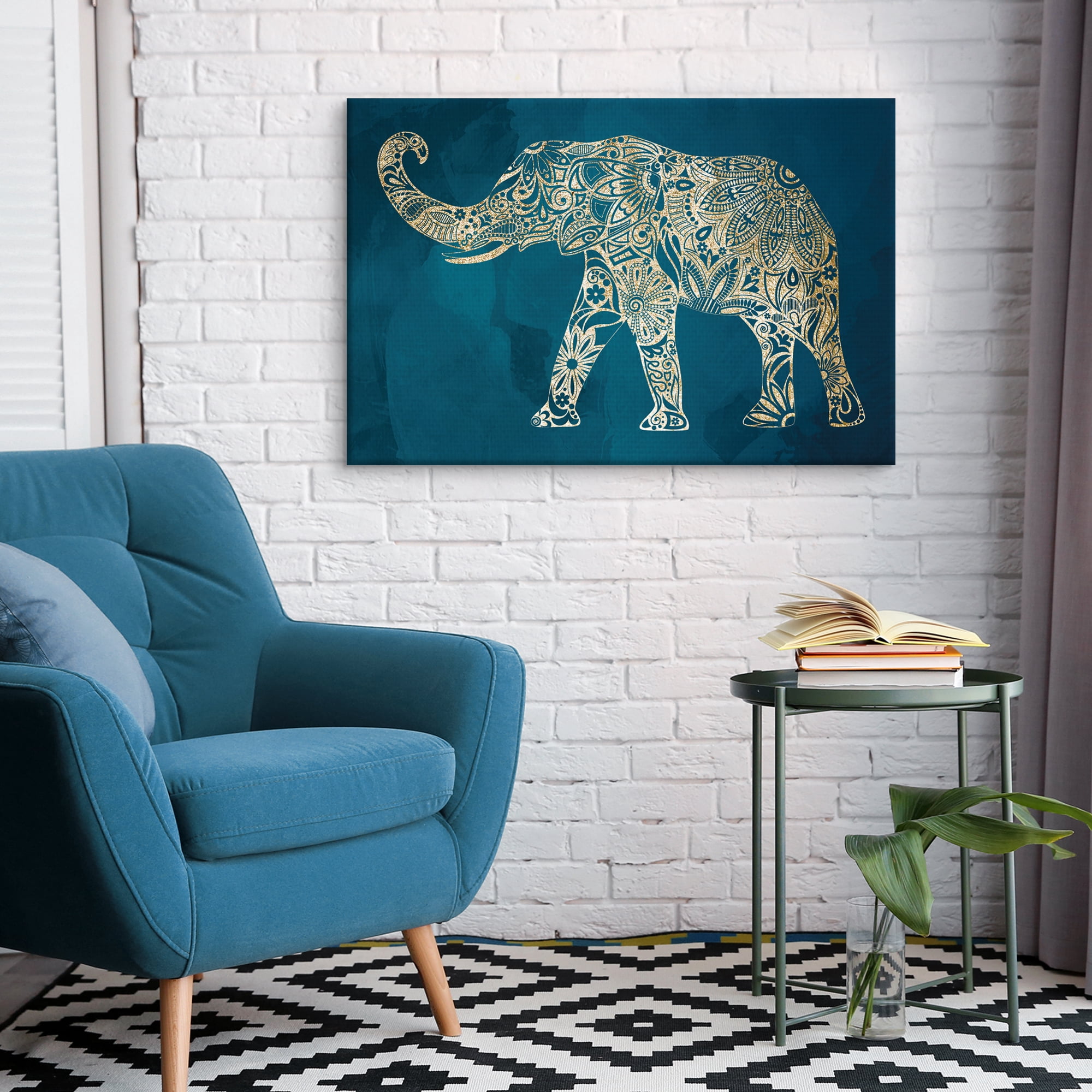 Gold Elephant on Blue by Willowbrook Art Print