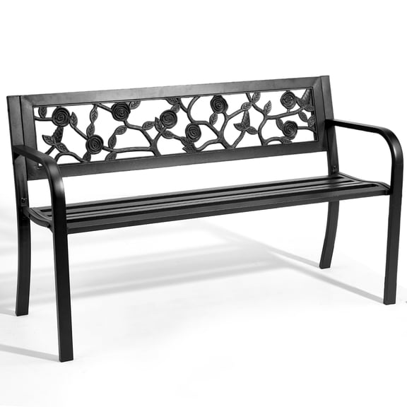 Ktaxon 50in Garden Bench with Rose, Wrought Iron Outdoor Patio Bench for Lawn, Back