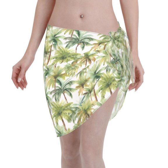 KLL Green Hawaii Palms Print Women's Sarong Coverups Short Bathing Suit Wrap Skirt Beach Wrap Swimsuit Cover Ups