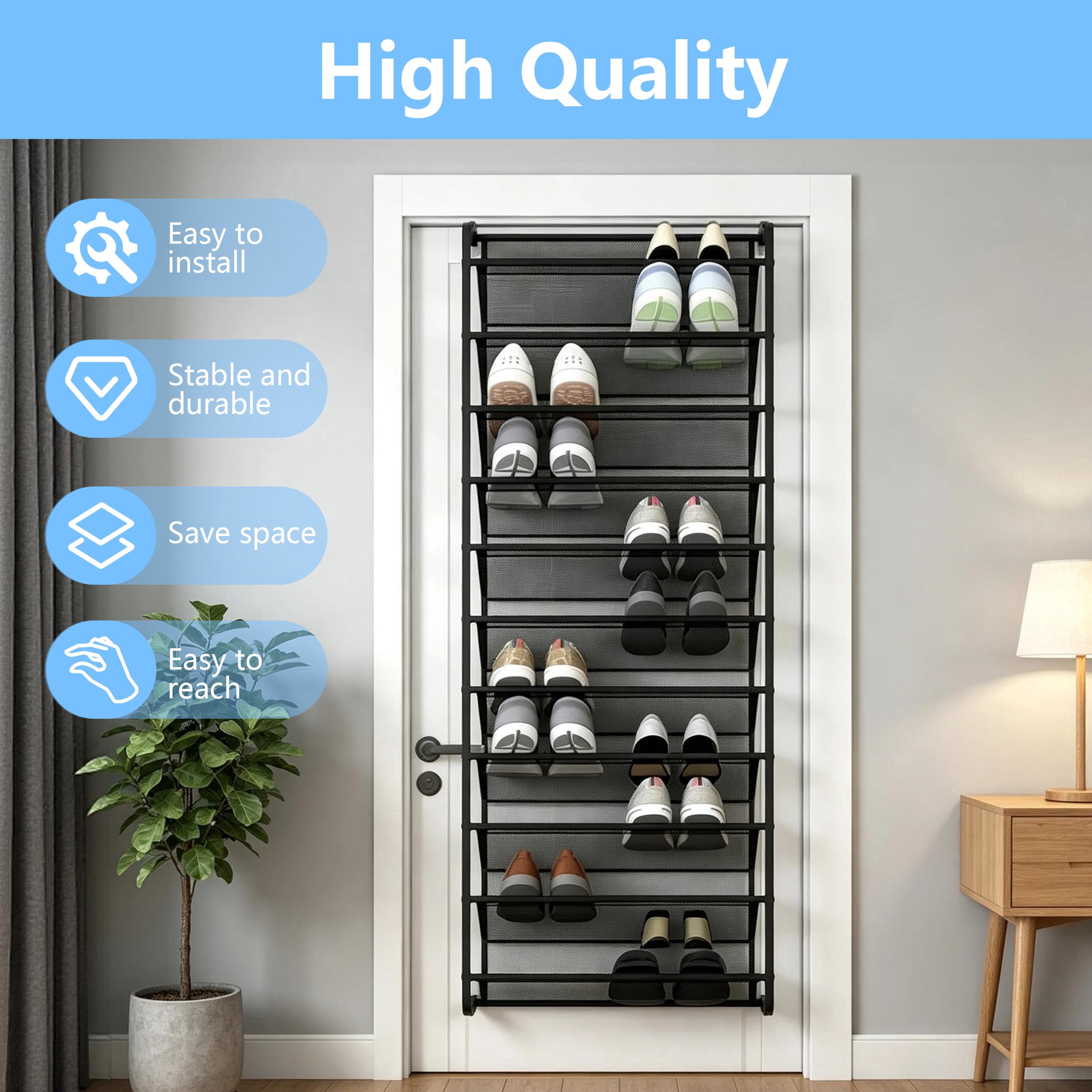 Over The Door Shoe Organizer, 10 Tier Hanging Shoe Rack for Door, Mesh Shoe Storage Holder for Closet Entryway Bedroom, Multi-Purpose Hanging Storage Rack for Shoes Hats Bags