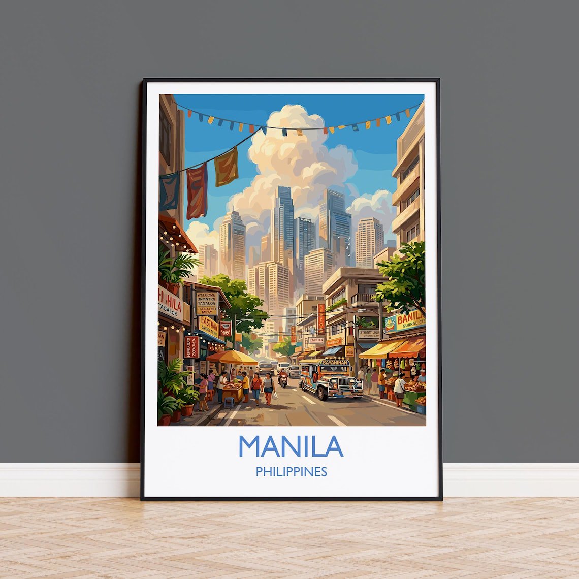 Manila Philippines Travel Poster Manila City Wall Art Skyline & Bay Illustration Print Vintage Style Asian City Decor Philippines Gift