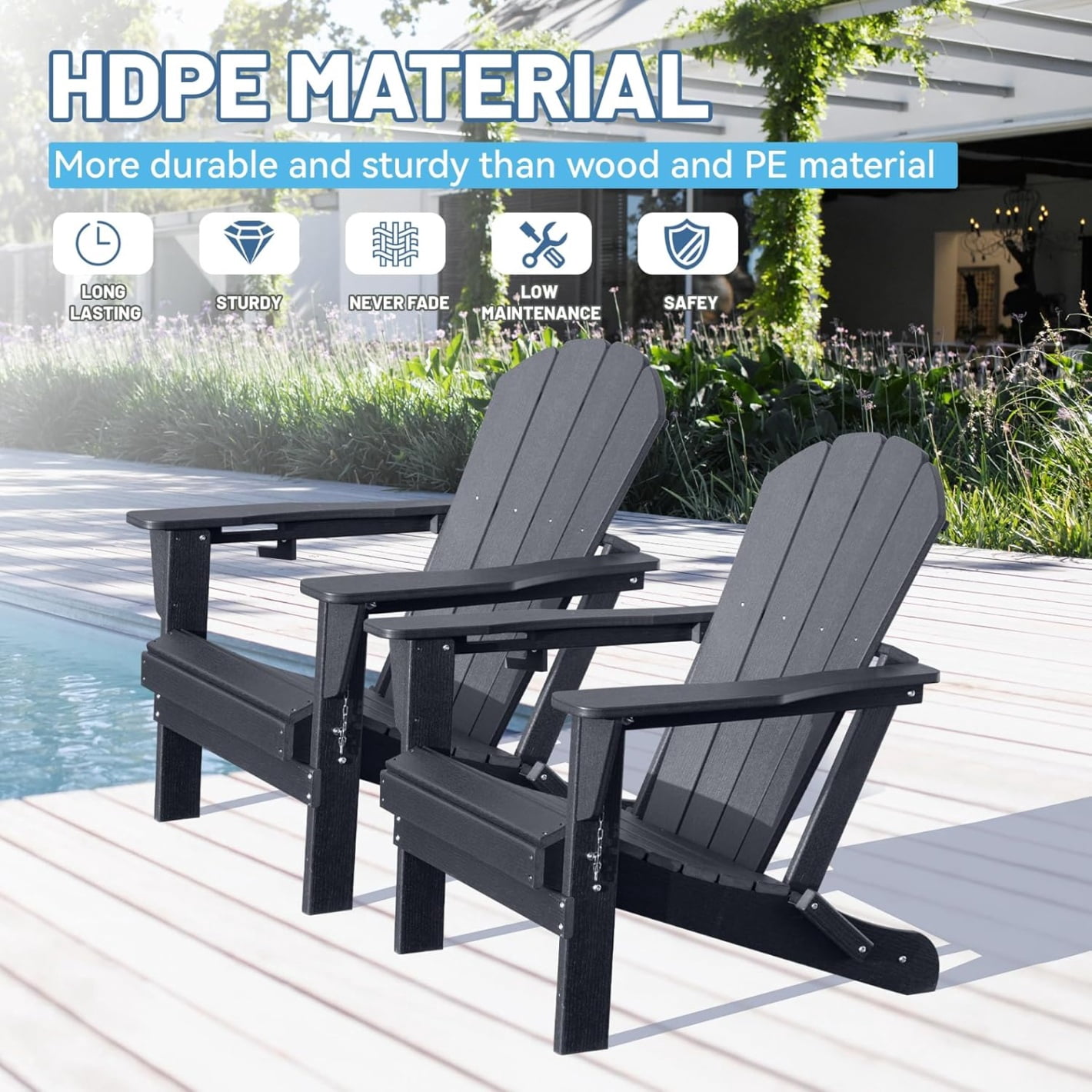 Folding Adirondack Chairs Set of 2, All-Weather HDPE Lawn Chairs with Cup Holder, Comfortable Outdoor Patio Chairs for Deck, Porch, Backyard, Garden, Black