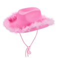 thumbnail image 1 of Sombrero de vaquero Lizxun de fieltro con borde esponjoso y ala de plumas, rosa, 1 of 6