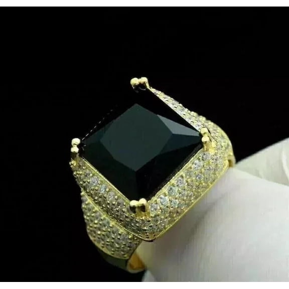 3.00Ct Princess Cut Simulated Black Diamond Pinky Men's Cluster Wedding Ring 14K Yellow Gold Plated 925 Sterling Silver