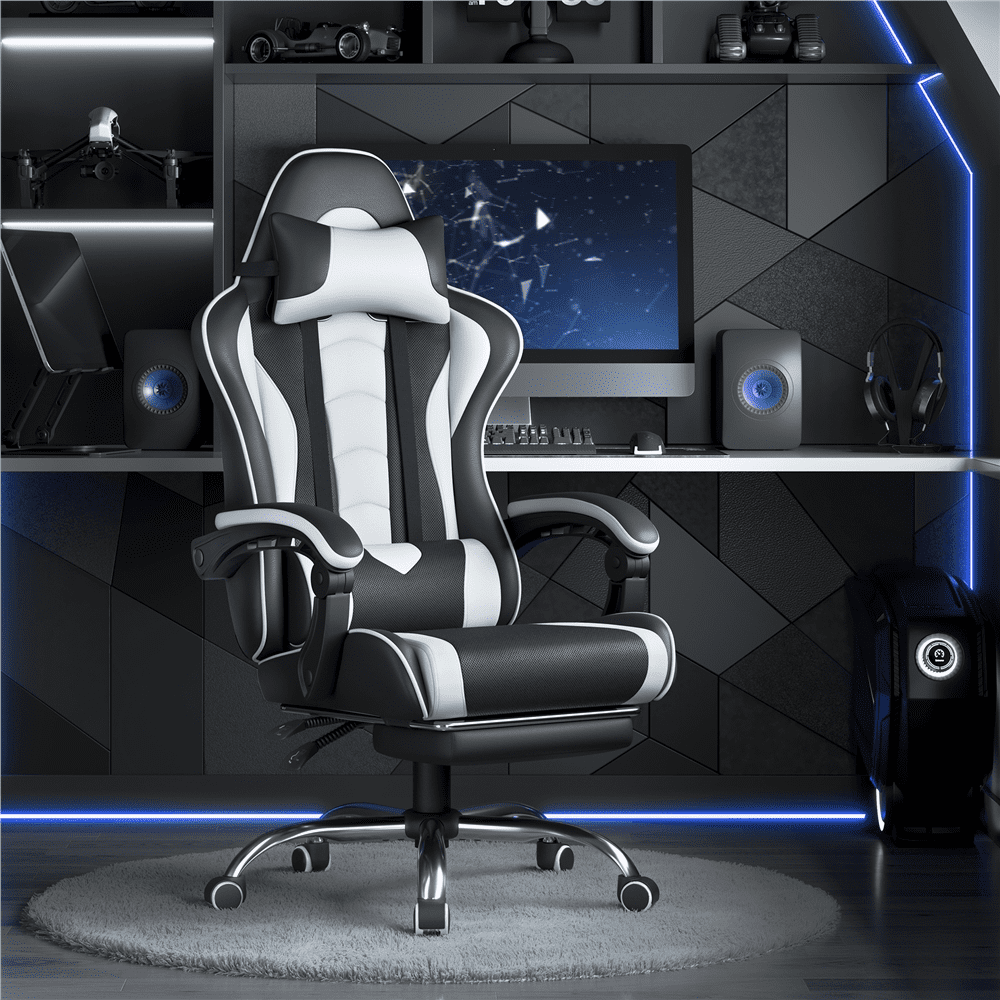 Alden Design Ergonomic High Back Gaming Chair with Massage Lumbar Pillow, Black/White