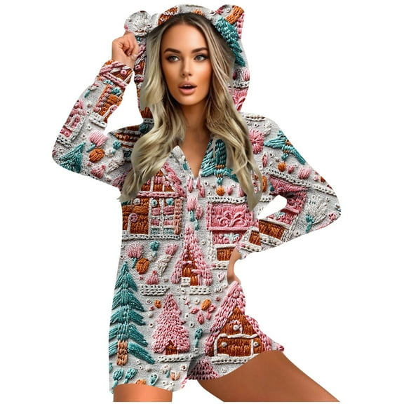 Cavosen Christmas Jumpsuits for Women Petite Fleece Zipper Long Sleeve Cute Hooded Loungewear with Ears Snowman Thicken Onesie Warm Unisex Casual Sleepwear