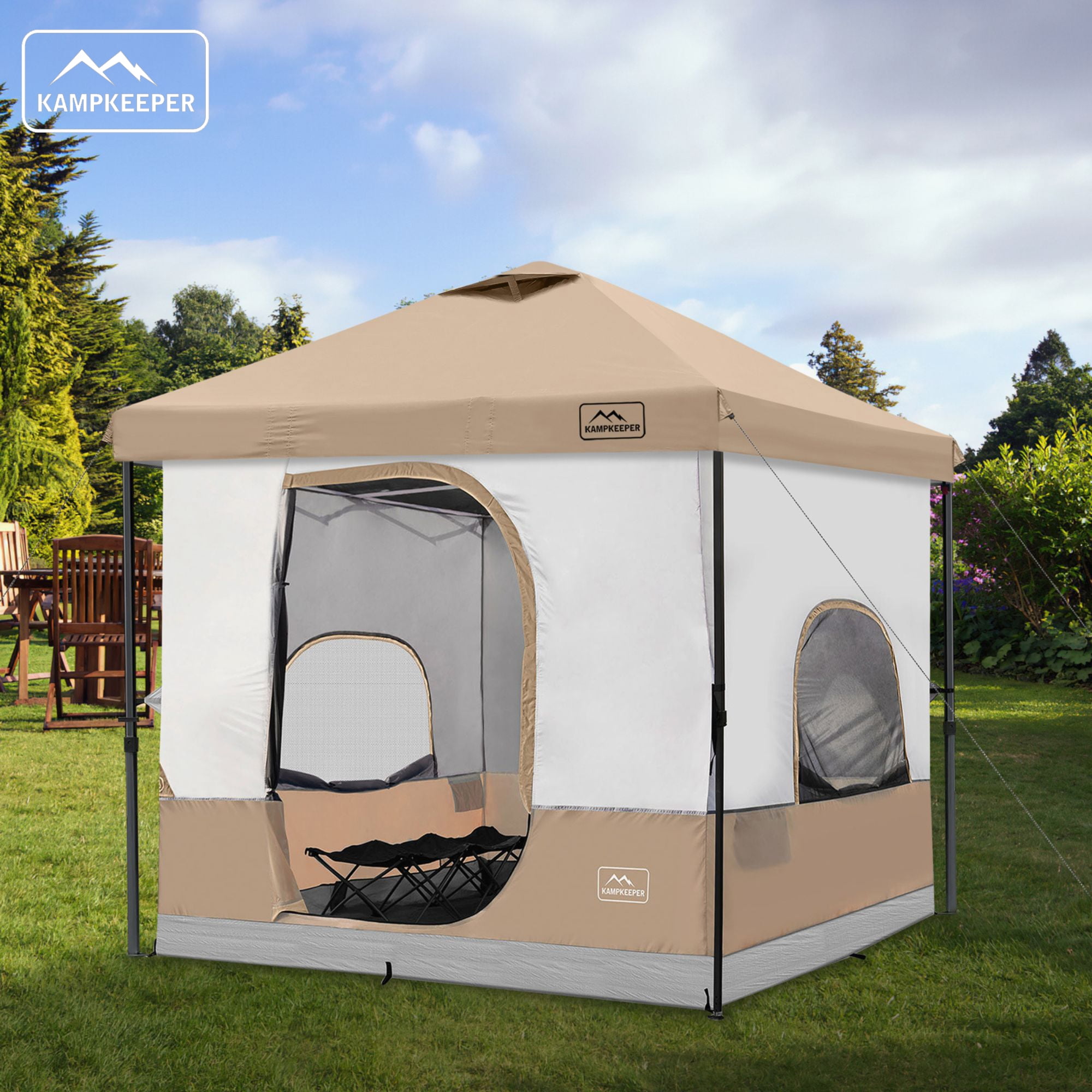 KAMPKEEPER 10x10 Instant Pop Up Canopy with Camping Inner Tent, Fits 6 Person, Khaki