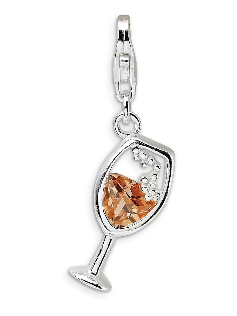 925 Sterling Silver Wineglass Drink Cup Brown Cz Dangle Clasp European Lobster Clip On Charm