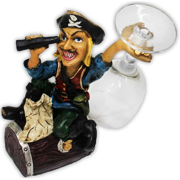 ToolUSA Pirate Statue & Wine Glass | Detachable 5½" (14 cm) Glass | Antique Polymer Clay Decor | 6½" (16.5 cm) x 3" (7.6 cm) Dual-Purpose Bar Ornament