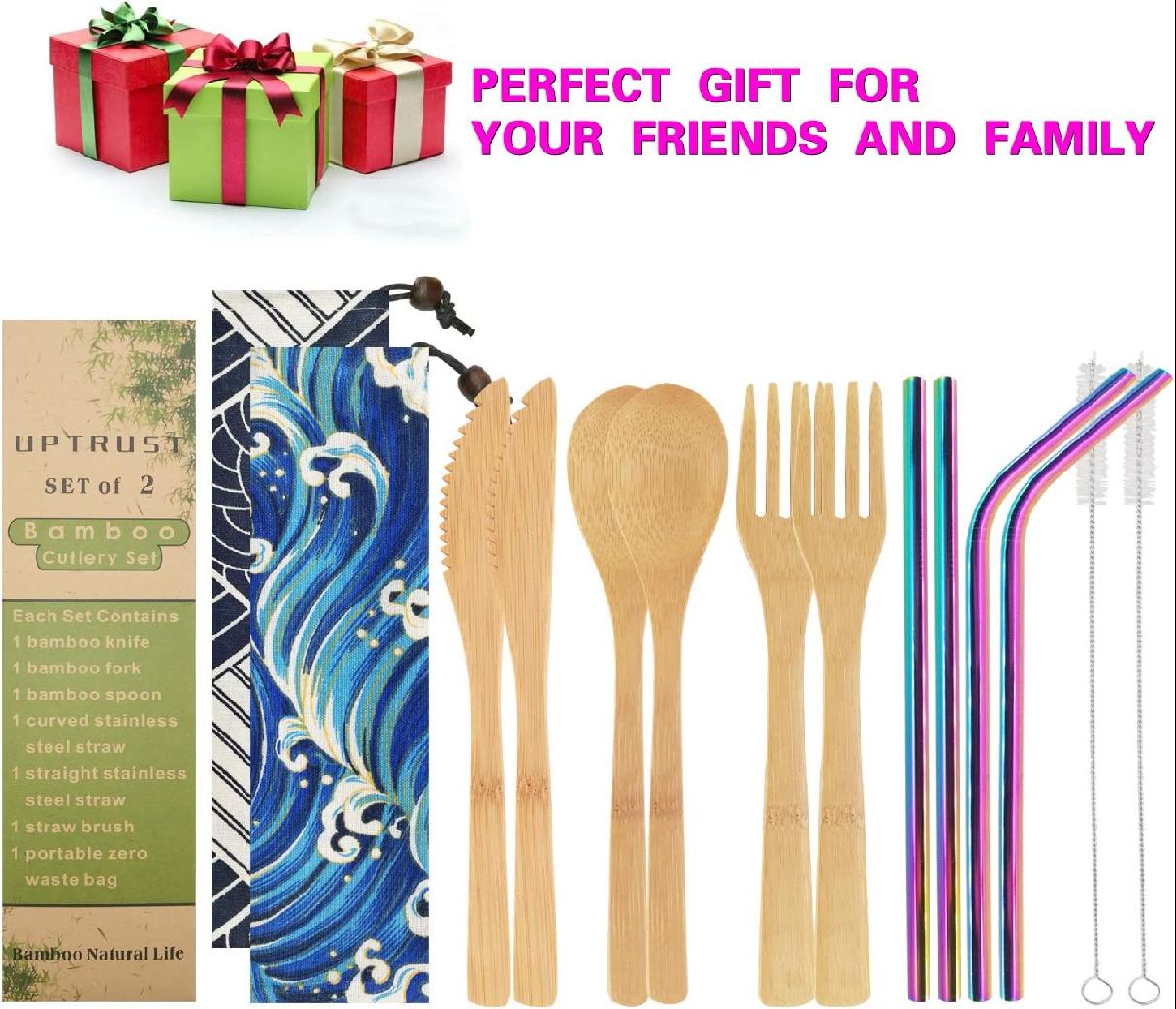 2 Set Bamboo Cutlery Set Bamboo travel Utensils reusable bamboo utensils with case, 7.8 Inches