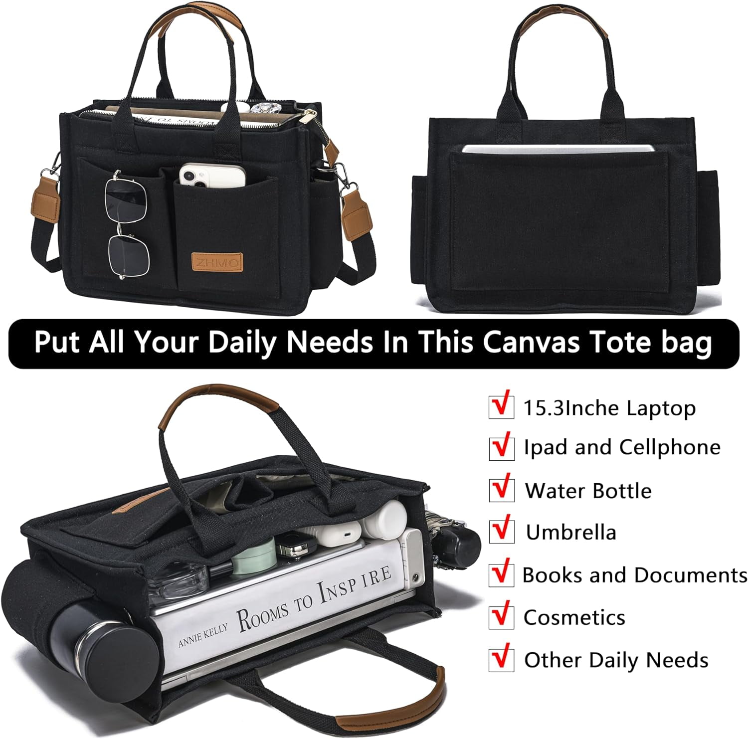 Large Canvas Tote Bag for Women With Pockets,Laptop Crossbody Purses Everything Everyday Bag Handbags for Work Beach