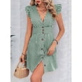 thumbnail image 5 of Women'S Striped Summer Dresses V Neck Casual Mini Dress Flutter Sleeve Ruffle Button Sundresses Green L, 5 of 7