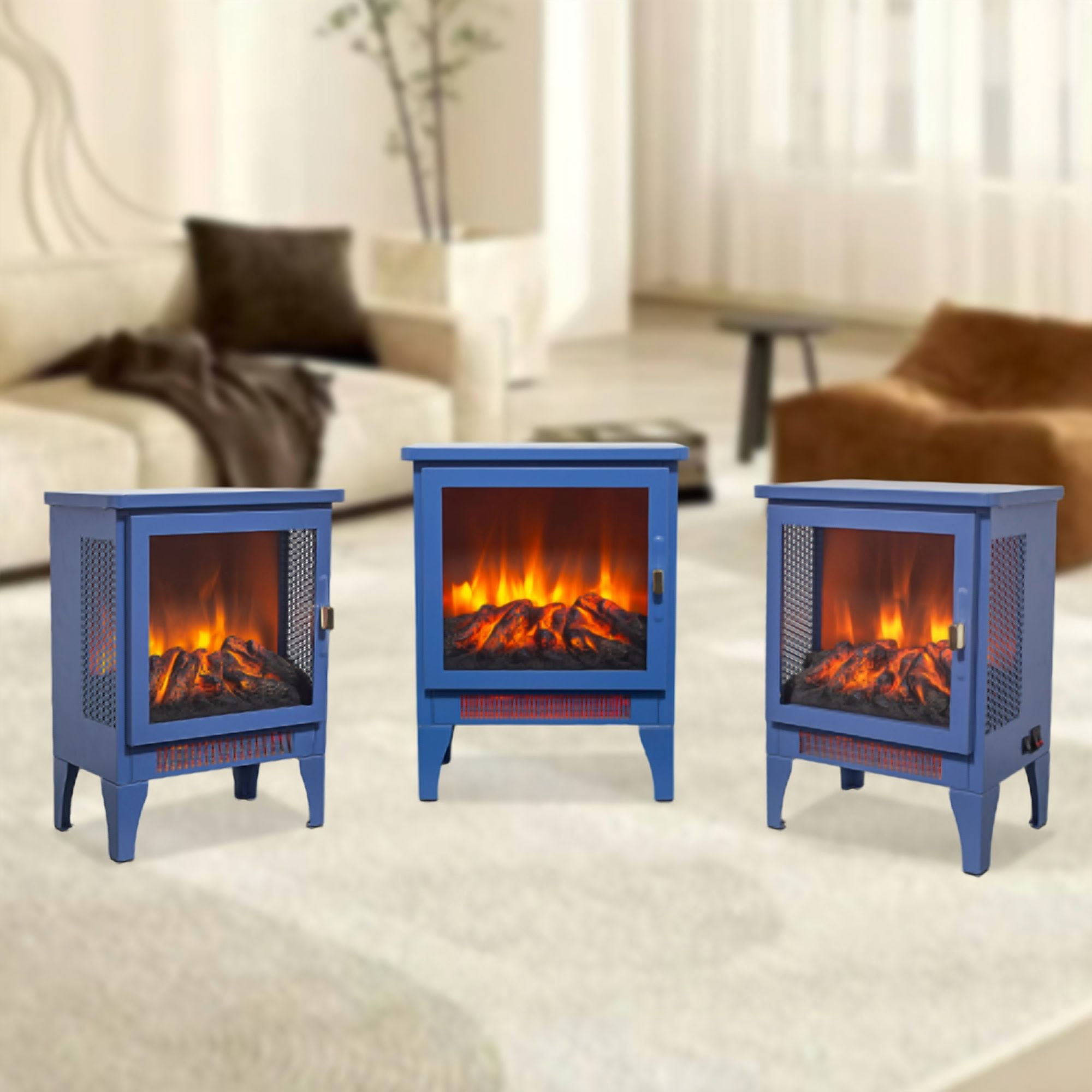 17 inch Freestanding Electric Fireplace Stove, Portable Heater with 3D Flame Effect and Two Heat Settings, 1400W Compact Fireplace for Small Spaces, Aqua Blue