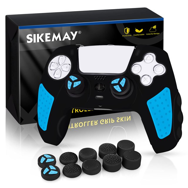 SIKEMAY - Funda protectora para mando de PS5 (silicona gruesa y antideslizante), compatible con mando de PlayStation 5, incluye 10 tapas para el pulgar (negro y azul).